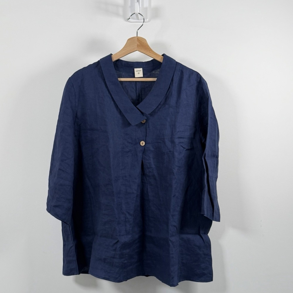 Lintico Top Womens 2XL Navy Blue Linen Tunic Blouse Asymmetric Collar Coastal